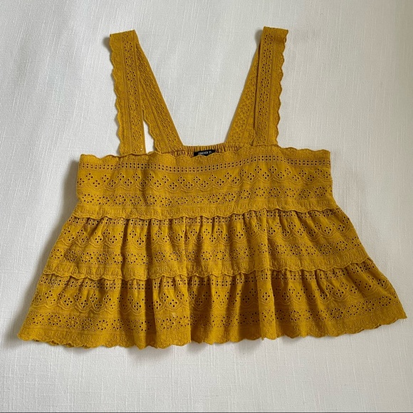 Forever 21 Yellow Floral Embroidered Eyelet Ruffle Top M - Picture 3 of 7